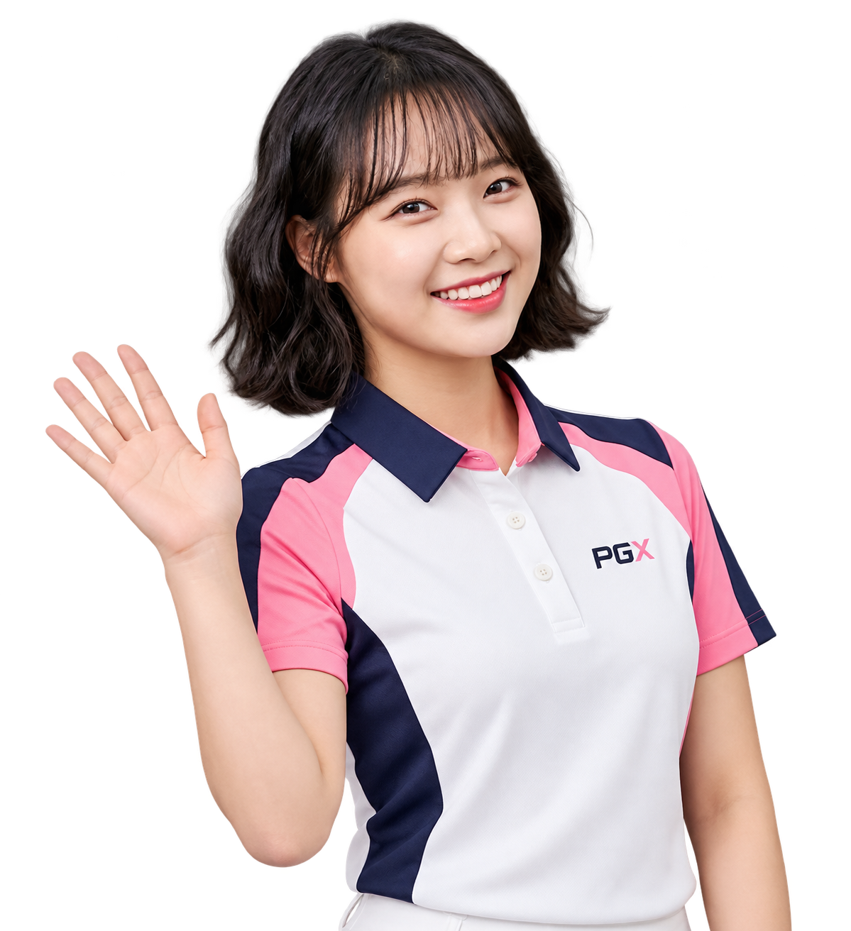 PGX 여성 모델이 손을 들어 반갑게 인사하는 모습