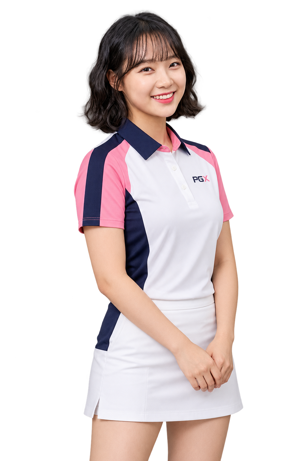 PGX 여성 모델이 맨손으로 밝게 미소 짓는 모습